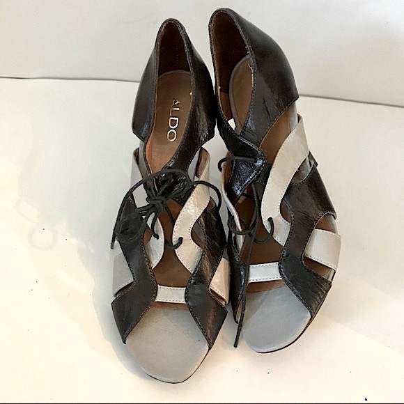 NEW ALDO GENUINE LEATHER CHOCOLATE BROWN/LIGHT GREY OPEN-TOE LACE-UP SHOES 39 - Picture 7 of 8